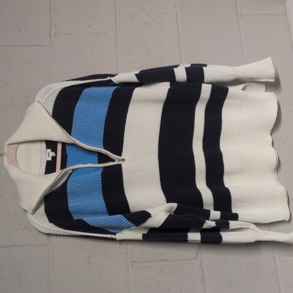 Aerie 1/4 Zip Beyond Sweater, Oversized Fit Blue Stripe Cotton Ribbed Sweater XS - Picture 4 of 7